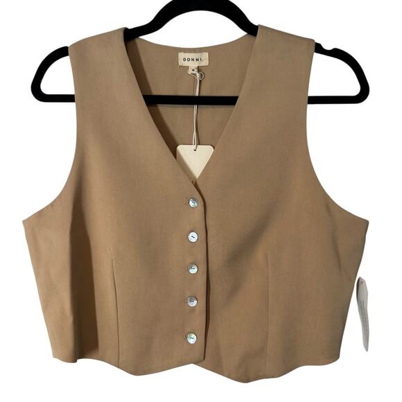NWT Donni. Twill Crop Vest in Sand Beige Tan V Neck Medium Neutral Minimal - Picture 5 of 9